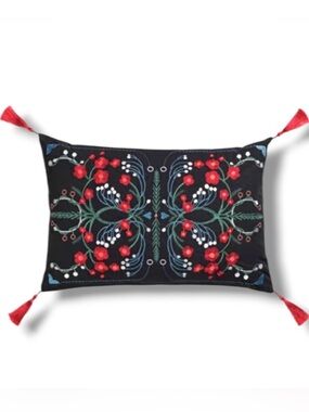 IKEA VINTERFINT Embroidered Pillow Cover 16x23 Black Red Folk Floral Boho